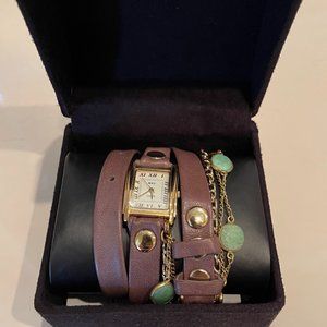 La Mer Leather Wrap Watch with Gems Cherry Brown